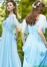 See Through Bateau Short Sleeves Prom Dresses  with Appliques