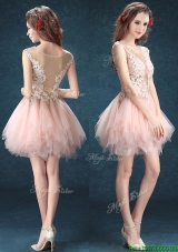 See Through Scoop Baby Pink Prom Dresses with Appliques and Ruffles