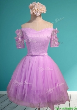 Sweet Lilac Off the Shoulder Short Sleeves Prom Dresses with Appliques and Belt