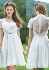 Cheap See Through Short Sleeves White Dama Dresses with Belt and Lace