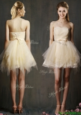 Lovely Sweetheart Short Champagne Dama Dresses  with Belt and Ruffles