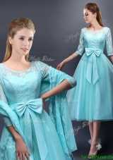 Popular Aqua Blue Scoop Half Sleeves Bridesmaid Dress with Bowknot