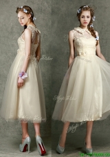 Pretty High Neck Champagne Dama Dresses with Lace and Hand Made Flowers