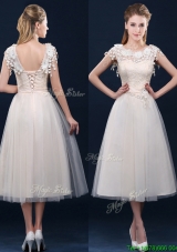 Pretty Tea Length A Line Prom Dresses with Cap Sleeves