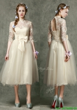 Elegant See Through High Neck Half Sleeves Mother Dresses with Lace and Bowknot