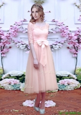 Elegant See Through Scoop Half Sleeves Mother Dresses  with Bowknot