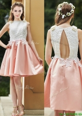 Popular Bateau Open Back Applique Short Bridesmaid Dress in Pink
