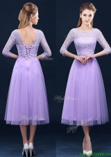 Popular  Half Sleeves Tea Length Laced Bridesmaid Dress in Lavender