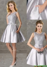 Popular Laced and Bowknot Scoop Bridesmaid Dress in Silver