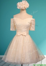 Popular Off the Shoulder Short Sleeves Champagne Bridesmaid Dress with Bowknot