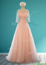 Popular Scoop Half Sleeves Bridesmaid Dress with Appliques and Belt