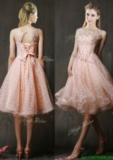 Popular See Through Beaded and Applique Peach Bridesmaid Dresses with Polka Dot
