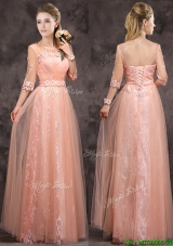 Exquisite See Through Applique and Laced Long Mother Dresses  in Peach
