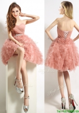Classical Sweetheart Beaded and Ruffled Short Prom Dresses in Peach