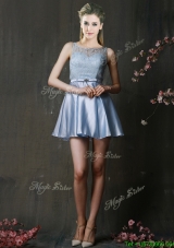 Fashionable Light Blue Short Prom Dresses  with Lace and Belt