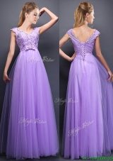 Most Popular  Beaded and Bowknot V Neck Mother Dresses  in Lavender