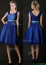 New Arrivals Belted and Laced Blue Prom Dresses in Knee Length