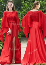 Pretty Bateau Long Sleeves Red Mother Dresses with Beading and High Slit