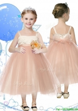 2016 Affordable Spaghetti Straps Hand Made Flowers Little Girl Pageant Dress in Champagne