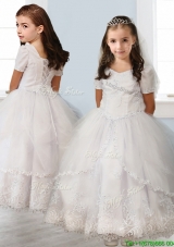 2016 Best Square Short Sleeves White Little Girl Pageant Dress with Beading and Appliques
