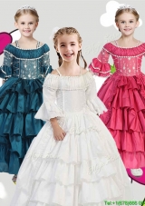 2016 Gorgeous Spaghetti Straps Three Fourth Length Sleeves Little Girl Pageant Dress with Lace and Ruffled Layers