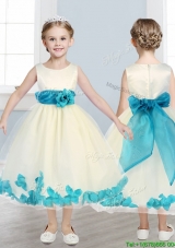 2016 Lovely Scoop Little Girl Pageant Dress with Teal Hand Made Flowers