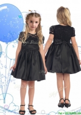 2016 See Through Scoop Short Sleeves Lace and Belt Little Girl Pageant Dress in Black