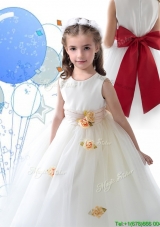 Luxurious Scoop White Little Girl Pageant Dress with Sashes and Hand Made Flowers