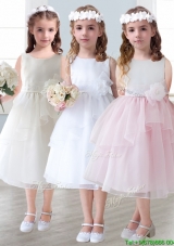 Lovely Scoop Hand Made Flowers and Ruffled Layers Girls Party Dress in Tea Length