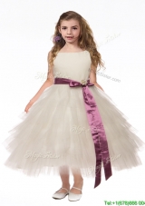Lovely Scoop White Girls Party Dress with Bowknot and Ruffled Layers