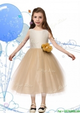New Scoop Champagne Girls Party Dress with Hand Made Flowers and Bowknot