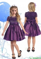 See Through Scoop Purple Girls Party Dress with Lace and Belt