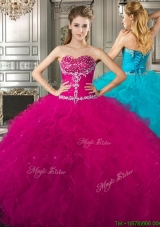 Affordable Beaded and Ruffled Fuchsia Sweet 16 Dress in Tulle