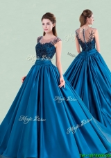 See Through Scoop Brush Train Sweet 16 Quinceanera Gowns with Cap Sleeves
