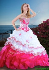 Visible Boning Beaded and Ruffled Sweet 16 Quinceanera Gowns in Hot Pink and White