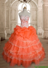 Exquisite Orange Red Big Puffy Quinceanera Dress with Ruffled Layers and Beading