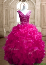 Gorgeous Deep V Neckline Beading and Ruffles Quinceanera Dress in Fuchsia