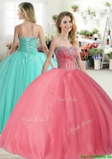 Affordable Beaded Big Puffy Quinceanera Dress in Coral Red