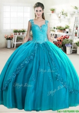 Elegant Straps Beaded and Applique Quinceanera Dress in Turquoise