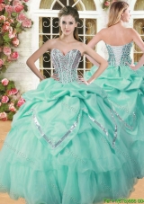 Inexpensive Beaded and Pick Ups Quinceanera Dress in Apple Green