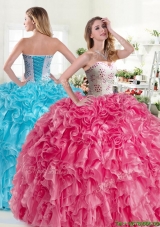 Modest Beaded and Ruffled Organza Quinceanera Dress in Hot Pink