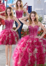 Visible Boning Beaded Bodice and Ruffled Detachable Quinceanera Dresses in Hot Pink and Champagne