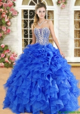 Popular Organza Royal Blue Quinceanera Gown with Beading and Ruffles
