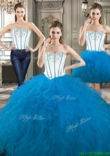 Exclusive Beaded and Ruffled Detachable Quinceanera Dresses in Blue and White