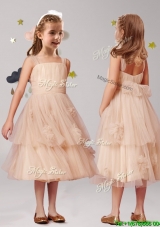 Cheap Straps Champagne Flower Girl Dress with Appliques and Ruffled Layers