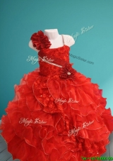 Discount Asymmetrical Neckline Red Girls Party Dress with Hand Made Flowers and Ruffles
