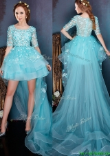 2016 See Through Square Half Sleeves Appliques Prom Dress with High low