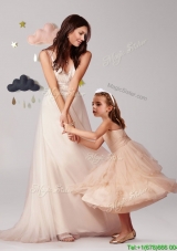 Elegant Straps Brush Train Prom Dress with Beading and Best Applique and Ruffled Layers Little Girl Dress in Champagne