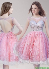 See Through Scoop Watermelon Red Prom Dress with Beading and Lace
