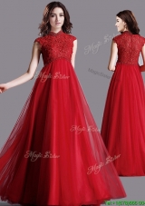 2016 Classical High Neck Cap Sleeves Lace Prom Dress in Red